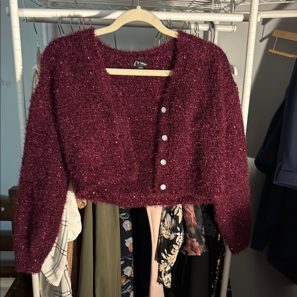 Women's Magenta Cardigan Sparkly Party Sweater 10-12 Stretch